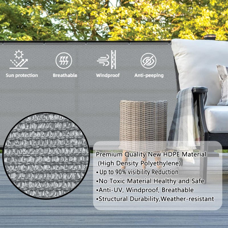 SUNLAX شاشة خصوصية للشرفة SUNLAX 3'x10' رمادية مع غطاء قماش للحماية من الرياح وشبكة ظل مع حلقات حماية من الأشعة فوق البنفسجية للباحات والفناءات والشرفات ودرابزين 90% (نقدم أحجام مخصصة) - Image 2